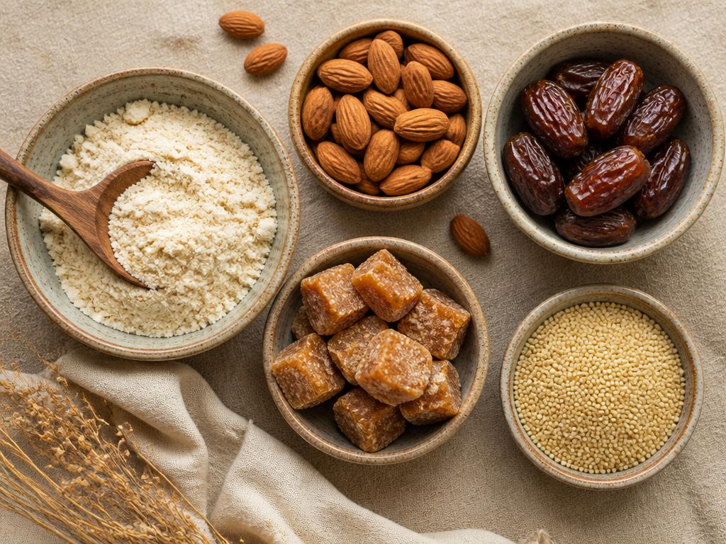 Wholesome ingredients including almond flour, almonds, dates, jaggery and millets